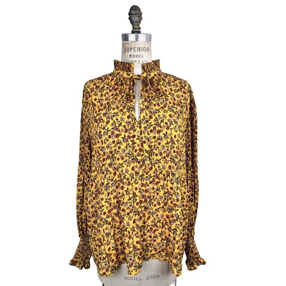 Max Studio Floral Blouse Womens Large Ruffle Balloon Sleeve Keyhole Neck Cottage - Picture 1 of 16